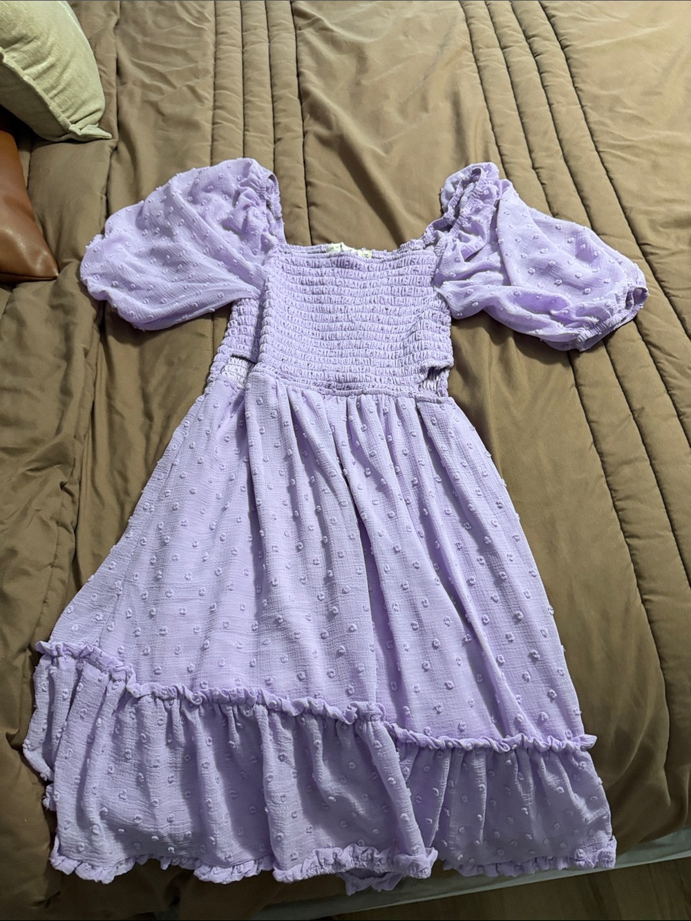 Lilac Puff-Sleeve Smocked Casual Midi Dress